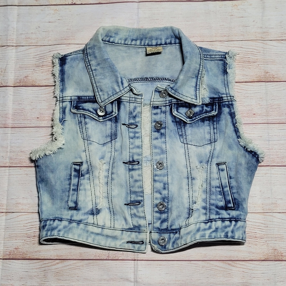 Nina Rossi • Light Blue Distressed Denim Vest Grunge Retro Boho Festival •Medium